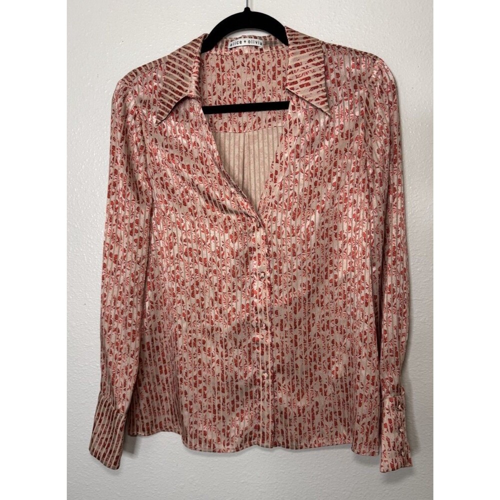 Alice + Olivia Small Floral Button Down Long Sleeve Blouse Top Red Beige Size M